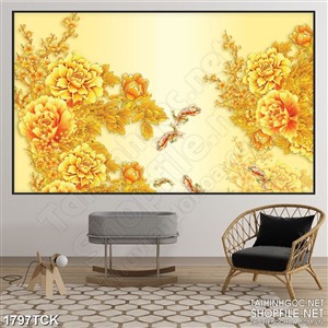 Tranh in treo tường cá chép bên hoa mẫu đơn dáp vàng Tranh in treo tường cá chép bên hoa mẫu đơn dáp vàng