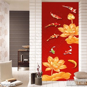 Tranh sơn dầu cá koi bên bông sen dáp vàng in dán tường