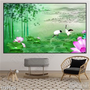 Tranh decor đôi chim hạc kiếm mồi trên hồ hoa sen