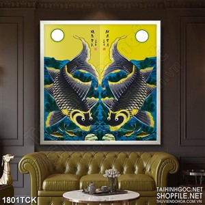 Tranh sơn dầu cá chép đen dưới ánh trăng in uv treo tường