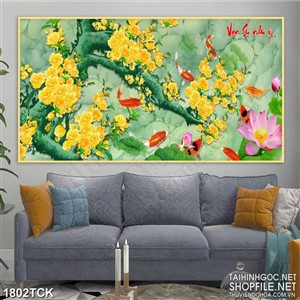 Tranh nghệ thuật cây mai vàng bên đàn cá chép vàng