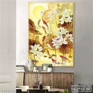 Tranh sơn dầu cá chép trong hồ sen đầy hoa in canvas