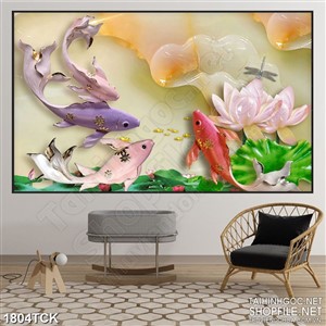 Tranh in 3d cá chép sơn dầu trong hồ hoa sen giả ngọc