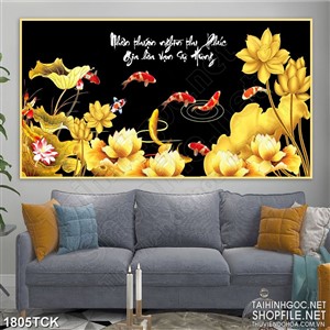 Tranh psd đầm sen dáp vàng bên cá chép trong đêm