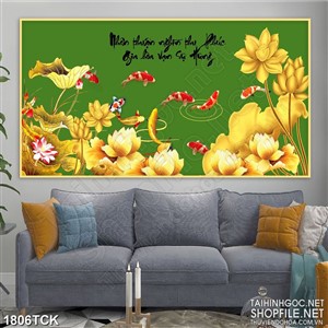 Tranh sơn dầu cá chép bên hồ sen dáp vàng