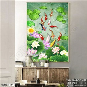 Tranh những bông sen tím trên mặt hồ in dán tường