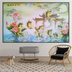 Tranh decor sơn dầu cá chép vàng vượt vũ môn hóa rồng Tranh decor sơn dầu cá chép vàng vượt vũ môn hóa rồng