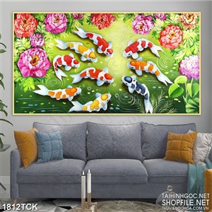 Tranh in canvas hoa mẫu đơn trên hồ cá chép sơn dầu