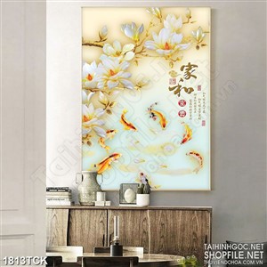 Tranh đàn cá chép vàng dưới cành hoa giả ngọc in 3d