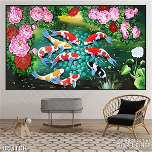 Tranh psd hoa mẫu đơn nở rộ trên hồ cá chép sơn dầu