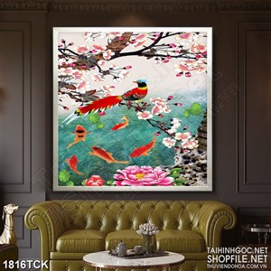 Tranh chú chim ri trên hồ cá chép vàng in dán tường