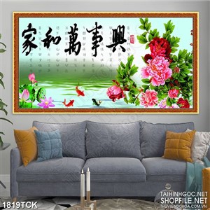 Tranh sơn dầu cá chép vàng và bông mẫu đơn treo tường