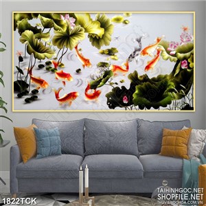 Tranh sơn dầu cá chép vàng dưới dòng nước trong in 3d