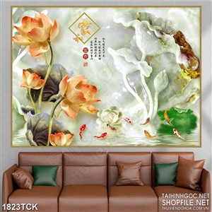 Tranh psd sơn dầu cá chép bên những bông sen giả ngọc