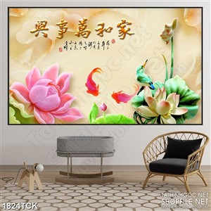 Tranh in treo tường đôi cá chép và bông sen giả ngọc