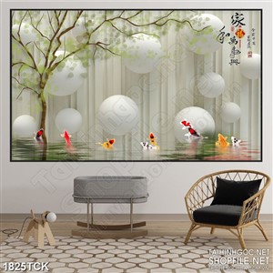 Tranh sơn dầu cá chép ngoi trên mặt hồ nước in dán tường