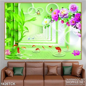 Tranh decor sơn dầu cá chép nhảy trên mặt hồ nước xanh