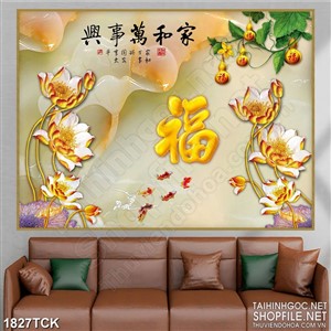 Tranh trang trí những bông sen vàng bên chữ phúc