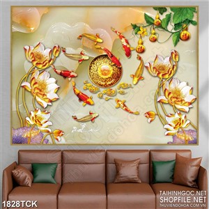 Tranh in uv bông sen vàng bên đàn cá chép sơn dầu