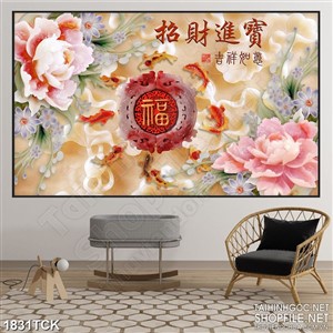 Tranh in 3d những đóa mẫu giả ngọc bên đàn cá chép