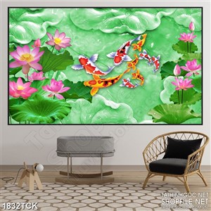 Tranh psd sơn dầu cá koi trong đầm xanh giả thanh ngọc