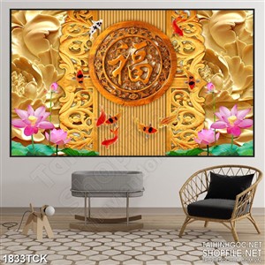 Tranh sơn dầu cá chép bên chữ phúc giả ngọc treo tường