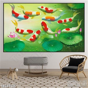 Tranh decor sơn dầu cá koi trong hồ sen màu xanh biếc