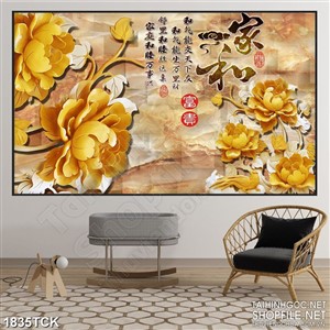 Tranh sơn dầu cá koi những đóa hoa mẫu đơn dáp vàng