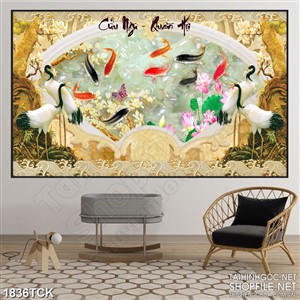 Tranh dán tường những đôi chim hạc bên hồ cá chép