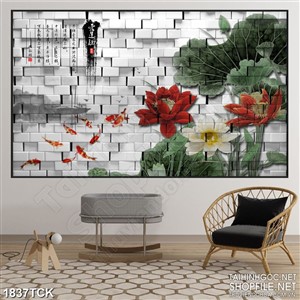 Tranh sơn dầu bông sen đỏ trong hồ cá chép vàng in uv