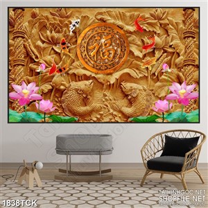 Tranh in canvas đôi cá chép trong hồ sen khắc gỗ