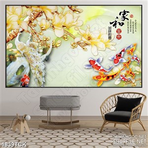 Tranh đôi chim công giả ngọc bên đàn cá koi in 3d