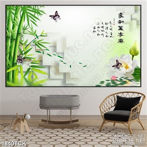 Tranh psd hàng cây trúc xanh bên hồ hoa sen trắng Tranh psd hàng cây trúc xanh bên hồ hoa sen trắng