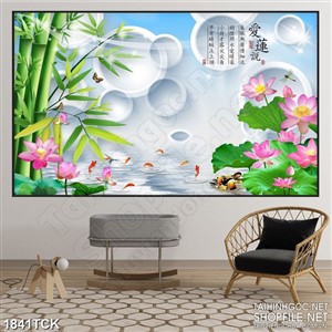 Tranh in treo tường trúc xanh bên hồ cá chép sơn dầu
