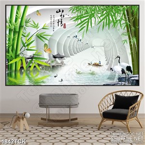 Tranh decor đôi chim hạc bên bờ hồ cá chép sơn dầu