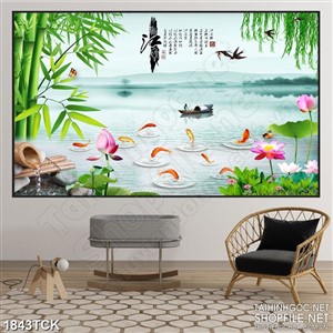 Tranh trang trí người lái đò trên hồ cá chép vàng sơn dầu