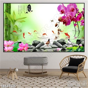 Tranh cá chép vàng bên nhành phong lan in dán tường