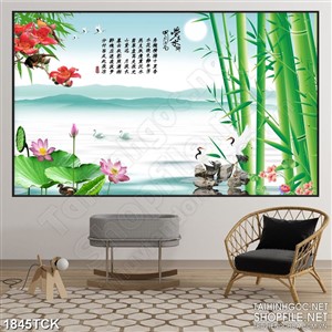 Tranh in uv hoa sen sơn dầu bên đôi chim hạc trắng