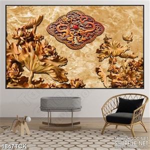 Tranh sơn dầu song long trên mặt hồ sen khắc gỗ