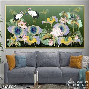 Tranh psd đôi hạc trắng trên hồ sen sơn dầu trong đêm