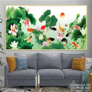 Tranh sơn dầu cá chép vàng trong hồ sen in treo tường