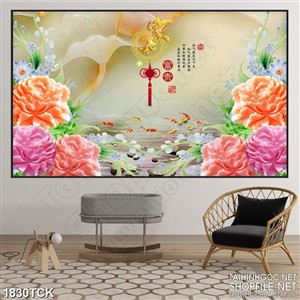 Tranh sơn dầu đóa mẫu đơn bên hồ cá chép in canvas Tranh sơn dầu đóa mẫu đơn bên hồ cá chép in canvas