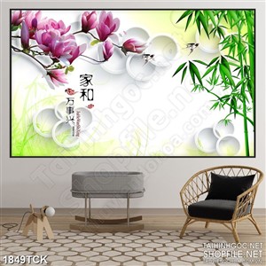 Tranh sơn dầu cành hoa đào bên đôi chim én treo tường