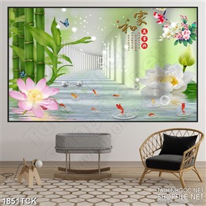 Tranh sơn dầu trang trí bông sen trên hồ cá chép vàng