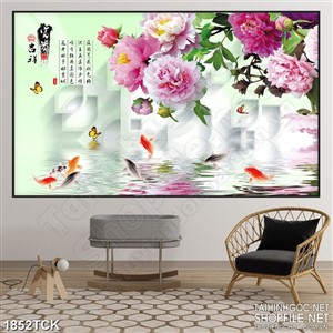 Tranh những đóa mẫu đơn bên hồ cá chép in dán tường