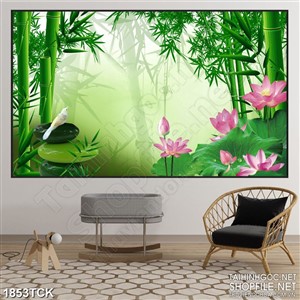 Tranh in uv đầm hoa sen sơn dầu trong rừng trúc xanh rì Tranh in uv đầm hoa sen sơn dầu trong rừng trúc xanh rì