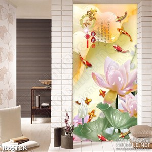 Tranh sơn dầu cá chép bên bông hoa sen giả ngọc in 3d