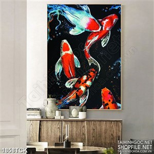 Tranh decor sơn dầu cá koi trong làn nước trong về đêm