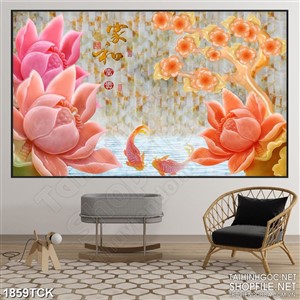 Tranh sơn dầu những bông sen giả ngọc và hồ cá chép