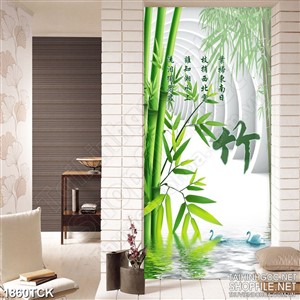 Tranh cây tre xanh bên hồ thiên nga trắng in dán tường